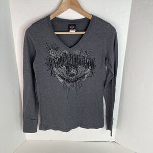 Harley Davidson Women’s V Neck Long Sleeve Shirt, Small Graphic Skull Wings Grey